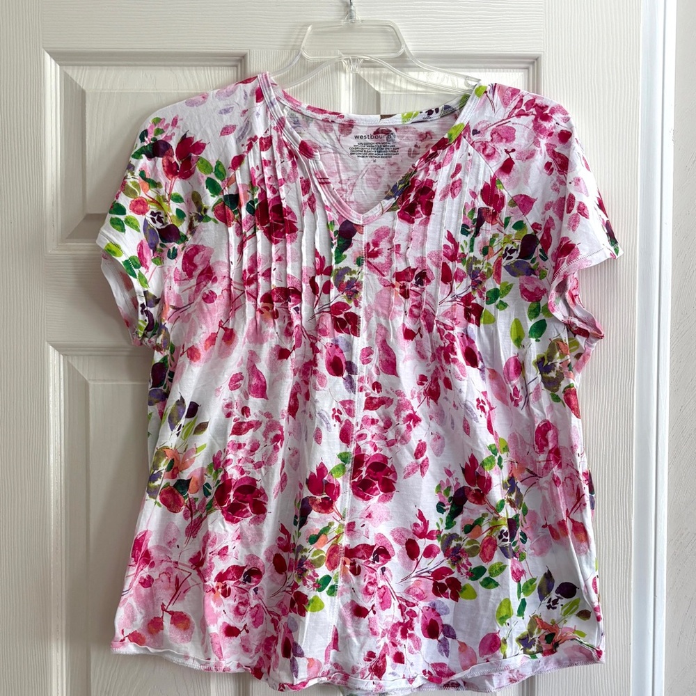 Westport XL Floral Blouse Pink Watercolor Print Short Sleeve Flowy - Picture 2 of 6